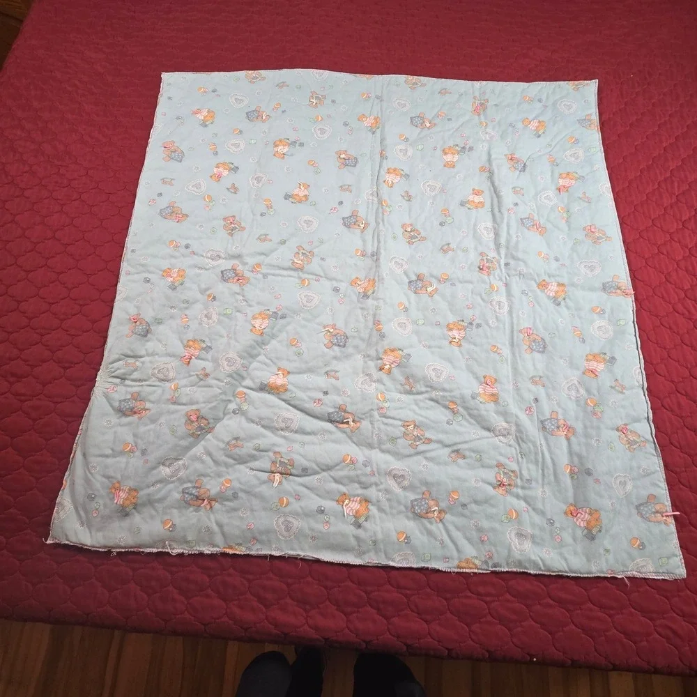 Hand made Baby‎ Blanket Throw Wrap Swaddle Quilt Blue Teddy Bears 1980s 42